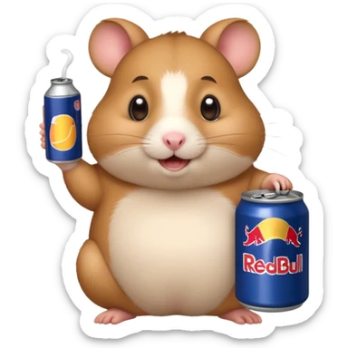 Funny cartoon-style fat hamster wide eyed with a can of redbull sticker