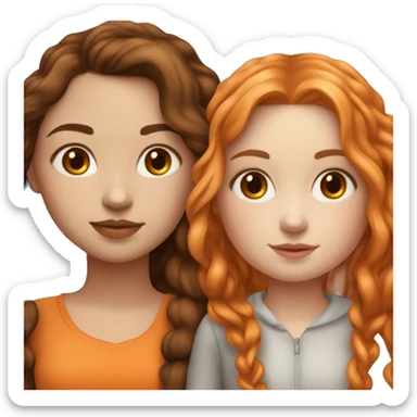 serene two white girls. one has mid length dark brown hair and the other has long orange hair. standing together and kissing in gentle light. calm and content. hyper-realistic soft textures fine details glow on skin sticker