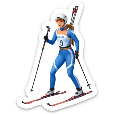 An icon showing a biathlete skiing on a snow-covered Olympic track with a rifle on their back. Cheering fans fill the stands. Majestic mountains, snowy trees, and a bright blue sky complete the scenic winter landscape. Transparent background captures the spirit of biathlon. sticker