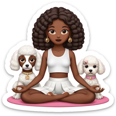 A dark-skinned girl dressed in Chanel sits in a lotus position with a beautiful styling near a white poodle sticker