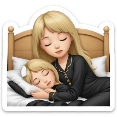 Young woman with long dark blond hair all around her, and a bang, sleeping in bed  with black pyjama  sticker