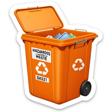 empty orange BIN WITH "hazardous WASTE" WORD IN IT sticker