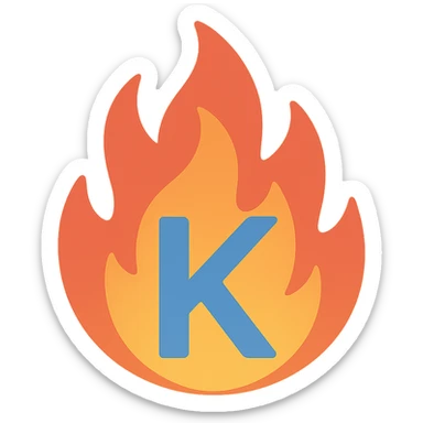 vibrant letter 'K' in color surrounded by stylized fire exaggerated to look dramatic and expressive sticker