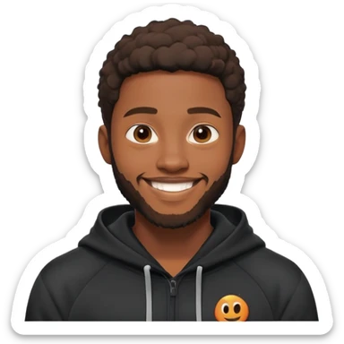 African yound man in his late 20s with a  bright smile with a short boxed beard, black hoody in Pixar cartoon style. with a skin glow sticker