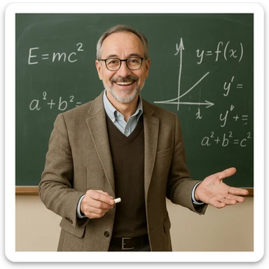 smiling professor explaining in classroom background with blackboard sticker