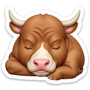 Meme-Worthy Cute Sleeping Domestic Bull Portrait Emoji, Head resting peacefully with a contented smile, showcasing a robust, muscular build and a luxuriously soft coat, eyes gently closed in serene, restful slumber, Simplified yet hilariously adorable features, highly detailed, glowing with a soft, drowsy natural light, high shine, relaxed and utterly lovable, stylized with an air of playful laziness, soft glowing outline, capturing the essence of a sleeping domestic bull that feels destined to become the next viral sensation of adorable rest! sticker