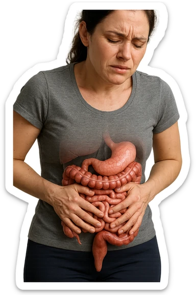 DONNA CON INTESTINO ANATOMICO REALISTICO IN EVIDENZA E MAL DI PANCIA, IPERREALISTICO 4K sticker