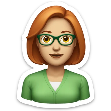 Middle age Caucasian woman with layered straight shoulder-length highlighted red hair and green glasses sticker