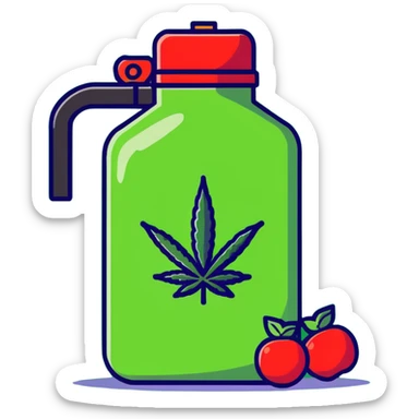 bright red gasoline canister surrounded by a banana, an apple, grapes, and a cannabis leaf, red fuel can with fruits and marijuana leaf arranged around it sticker