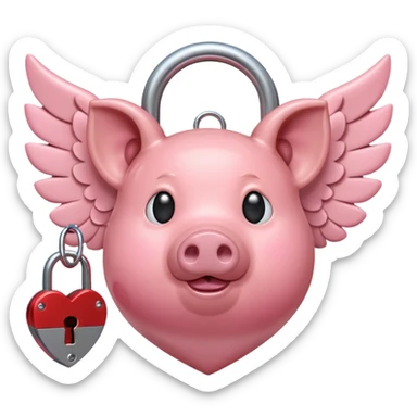 A pink heart with pig ears, wings, and a lock and key sticker