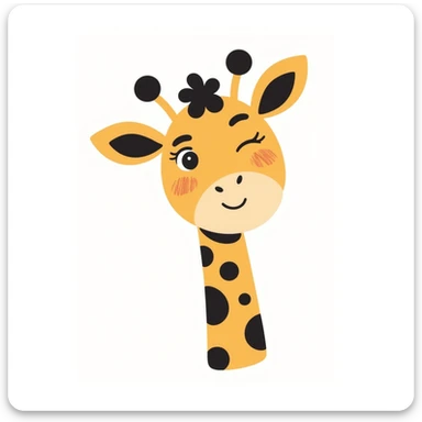 An adorable cartoon giraffe face with one eye slightly closed in a wink, a big cheerful smile, and a tiny raised hoof waving hello. Rosy cheeks, sparkles in the eyes, and a warm yellow-brown palette. The expression should feel inviting, like a happy 'Hi chat!' Perfect for greetings sticker