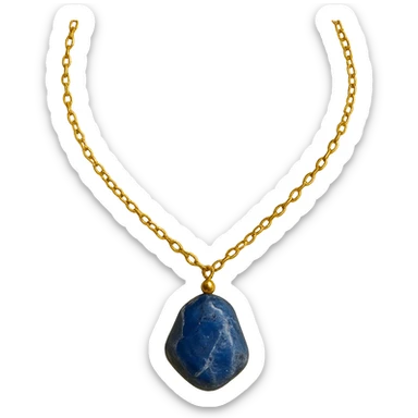 delicate gold chain necklace with an irregular polished deep blue stone, natural white and gray marbled patterns, asymmetrical shape, small metallic bead, raw yet refined earthy elegance sticker