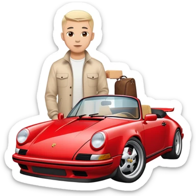 one entrepreneur with a mid fade hair style standing near his Porsche 911. the body of the guy is fully visible. the car is red and is the latest model of 911 sticker