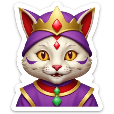 crazy colorful cute little cat jolly joker from poker, medieval, vintage, court jester, mac os icon, purple, gold and red color, half body. Squared shape as 3D mac os icon sticker