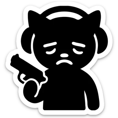 tired sad cat with a gun in hand and headphones, solid filled icon sticker