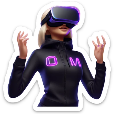 Russian girl wearing black hoody with violet letters "OMG", in vr headset oculus quest2. Dancing. Cyberpunk style. Violet neon. sticker