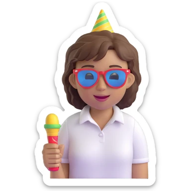 3D emoji style character with short tousled brown hair, light skin, white shirt, festive party vibe, sunglasses, party horn, cheerful expression, fiestero emoji sticker