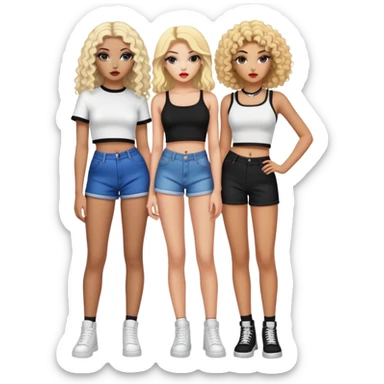 Full body of two teenage girls standing together, one white with straight blonde hair and one brown-skinned with curly black hair, both with heavy makeup, big lips, crop tops and choni style clothing sticker