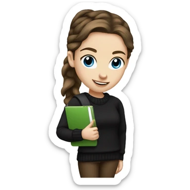 caucasian white girl student, holding laptop, blue eyes, dark brown hair ponytail wearing a thick black sweater sticker
