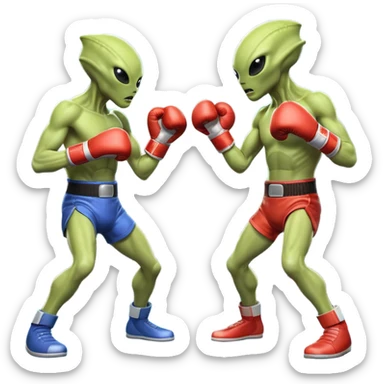 two aliens boxing in a fight stance, facing each other with raised gloves, dynamic action pose, intense expressions, sci-fi arena vibe, 3D cartoon style, mobile game icon style, clean background, no text, no watermark
 sticker