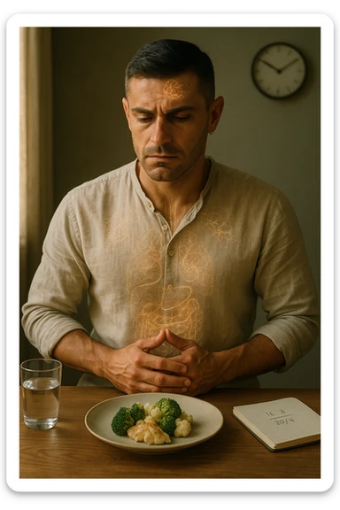 A cinematic close-up of a focused man in his mid-30s with slight beard and tired but determined eyes, sitting alone at a simple wooden table with an untouched plate of food in front of him. His hands are clasped, fingers interlocked in a meditative position over his lower abdomen, symbolizing willpower and internal balance. He wears a lightweight natural fiber shirt, sleeves rolled up. The lighting is soft and natural, early morning light coming from a nearby window. Around him, visual cues of cellular regeneration — faint glowing patterns subtly overlaying his body, especially near the liver, gut, and brain, suggesting autophagy and deep healing. The room is minimalist: a glass of water, a notebook with fasting hours, and a clock in the background ticking calmly. The tone is serene, intentional, and deeply introspective. Shot in 35mm cinematic style, warm highlights and clean shadows. sticker