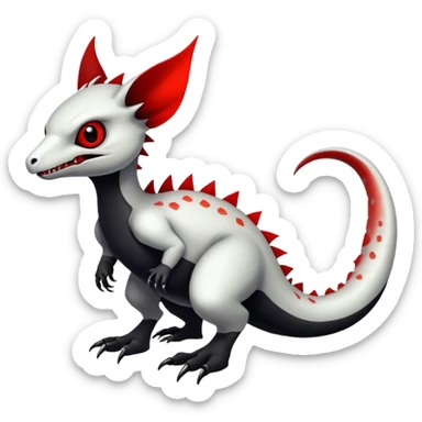 a white exotic edgy vernid-fionbr-Fakémon-creature, with black belly and red eyes, full body sticker