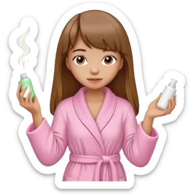 a girl with light skin and medium brown long hair with bangs who is applying lotion to her body show her whole body in a light pink bathrobe  sticker