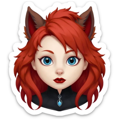  long curly blood red hair (darker), red pointed squirrel ears with black trim, black goth outfits, body and face human, blue eyes, more pointy chin, black lipstick, one big fluffy red squirrel tail with black tips, close her mouth, less evil looking sticker