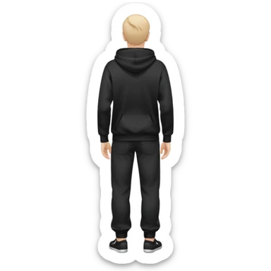 fullbody caucasian man in black hoodie on head, hands in pockets and black pants rear backview sticker