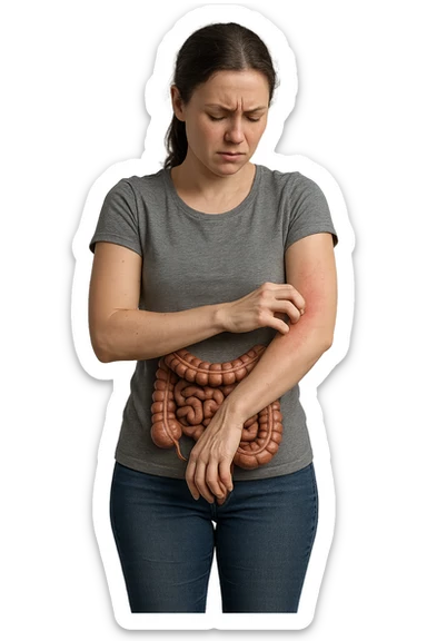 donna a figura intera con intestino umano anatomico realistico che si gratta il braccio su cui ha un'eritema, iperrealistica 4k sticker