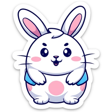A fat bunny character in Sanrio style like Hello Kitty, large head with big round eyes, blushing cheeks, small mouth, minimal facial features, tiny spikes, pastel pink and blue colors, clean bold outlines, rounded shapes sticker
