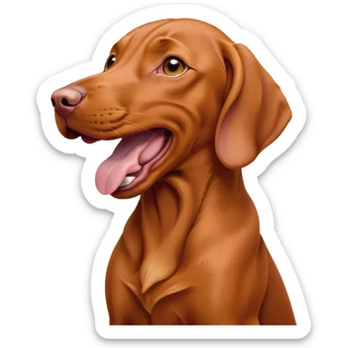 Cinematic Cute Yawning Vizsla Portrait Emoji, Head tilted slightly with a dramatic, wide-open yawn, showcasing a smooth rust and gold Fur with a subtle shimmer, floppy ears slightly drooping, round amber eyes barely open in drowsy contentment, Simplified yet irresistibly adorable features, highly detailed, glowing with a soft, cozy glow, high shine, relaxed yet expressive, stylized with a touch of whimsy, bright and endearing, soft glowing outline, capturing the essence of a sleepy yet affectionate companion, so drowsy it feels like it could stretch out of the screen and curl up for a nap! sticker