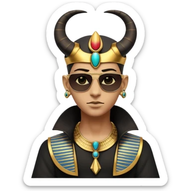 3D cartoon horned character portrait, wearing sunglasses, gothic ancient Egyptian style, pharaoh collar, dark gold and black outfit, ankh symbols, Egyptian jewelry, mysterious expression, soft dramatic lighting, centered, clean background, no text, no watermark sticker
