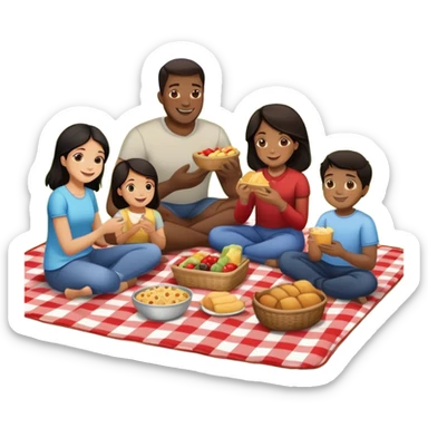 Diverse family picnic with Black parents and children with dark hair sitting on a blanket enjoying food outdoors sticker