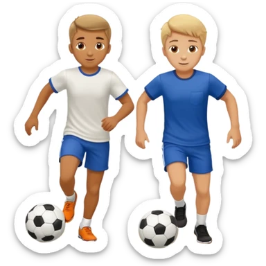 Two boys playing soccer at the beach. sticker