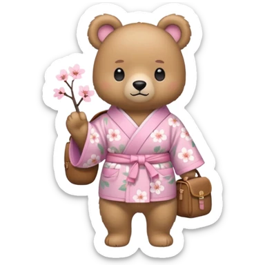A cute light-brown bear wearing a pastel pink sakura-patterned kimono, normal balanced body ratio.  
Wearing a small backpack on the back, one paw holding the strap, ready to go outside.  
Kawaii emoji style, minimalistic clean sticker illustration, white background. sticker