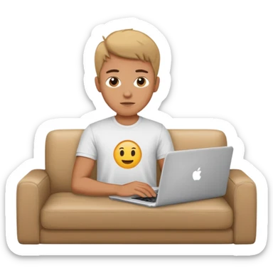 A young guy is lying on the sofa with a laptop sticker