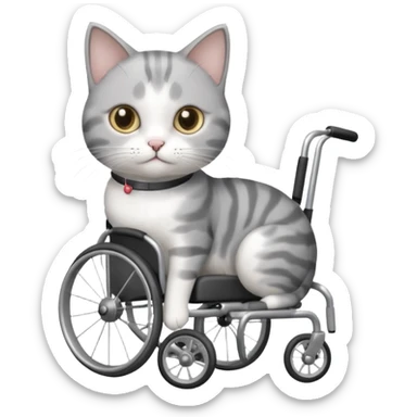 grey and white cat in a wheelchair designed for cats to walk sticker