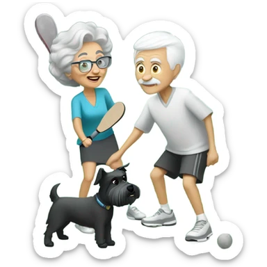 A small grandma with short grey hair, and thin grandpa with a short white beard playing pickle ball with a small black and white schnauzer sticker