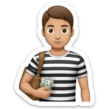 Robber caring a bag of money on his left shoulder with black and white stripes on his t shirt  sticker
