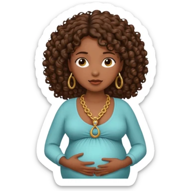 Very dark brown skin woman, pregnant with curly brown hair, head neck and abdomen only sticker