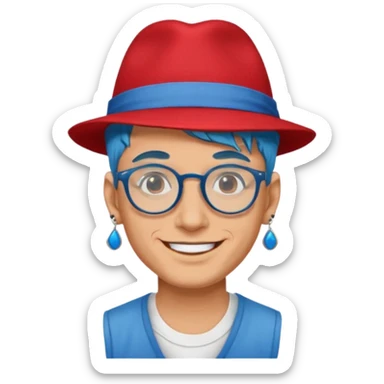 unique looking tourist with big unique red tourist fedora and earrings, man with lots of tattoes and spectacles, blue hair showing sticker