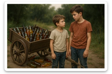 Bir g'ildiragi singan ichimliklar ortilgan arava uning yonida aka uka bir biriga havotirli nigoh bilan qarab turibdi realistik uslubda sticker