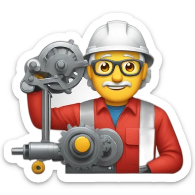Industrial professional senior mechanical assembler working on the assembly of heavy machinery with a red outfit sticker
