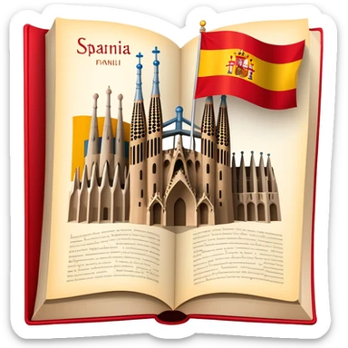 An icon featuring the Sagrada Familia and the flag of Spain, symbolizing the Spanish language. The design includes an open book with Spanish text and flamenco dancers, representing language learning and cultural heritage. Transparent background sticker