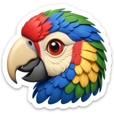 Cinematic Realistic Noble Macaw Portrait Emoji, Poised and majestic, with a robust, vibrant build and meticulously detailed plumage in scarlet, deep blue, and touches of gold, a strong, curved beak and piercing, intelligent eyes, rendered with lifelike feather texture and natural lighting, high shine, commanding and regal, styled with an air of tropical authority, focused and attentive, soft glowing outline, capturing the essence of a watchful and confident macaw that appears ready to soar out of the screen with effortless splendor! sticker