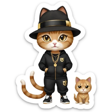 female cat dressed like Run DMC with tracksuit, fedora, Adidas shoes, lots of gold chains, rings, bracelets, earrings, eyes averted, talking to a friend, no sunglasses sticker
