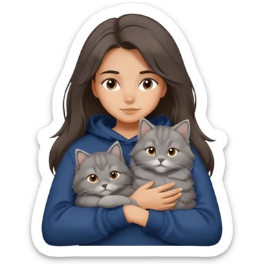 Brunette girl with dark blue sweatshirt snuggling a fluffy grey Siberian cat, cute cartoon style sticker