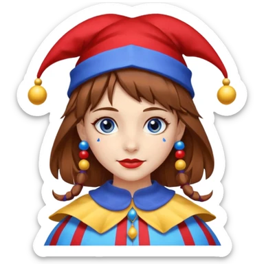 a girl A classic two-armed jester's hat with red and blue stripes, a yellow brim, and small yellow bells on the tips. brown hair blue and red eye's

 sticker