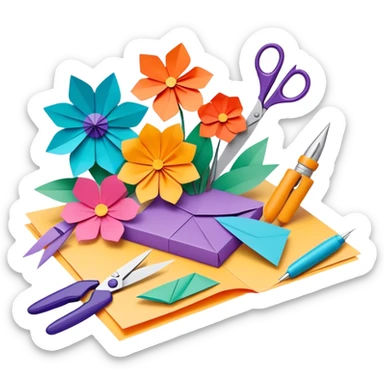 Paper crafting icon, various paper crafts like origami, 3D paper flowers, and scrapbooking materials, visible tools such as scissors, glue stick, and colour paper sheets, colorful paper patterns, minimalistic style, clean lines, transparent background. sticker